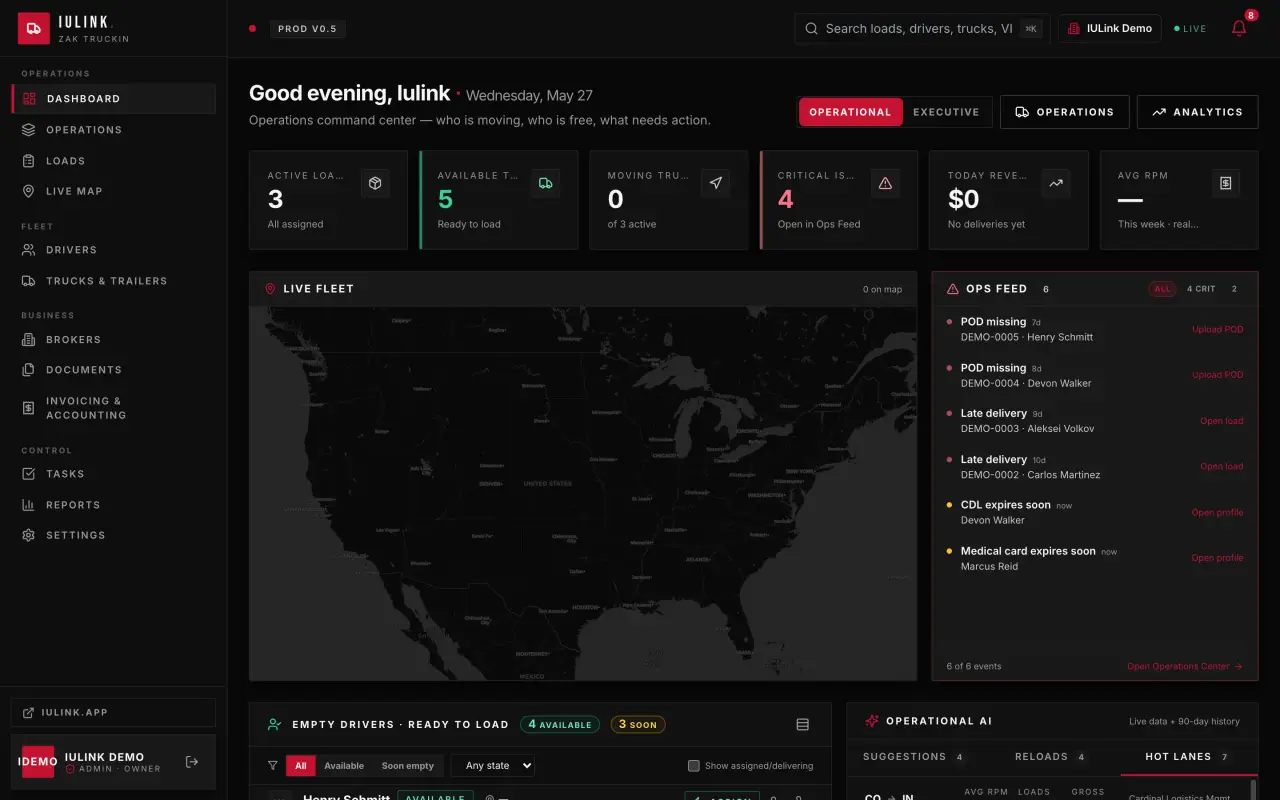IULink TMS command center showing live loads, fleet map and revenue in one dashboard