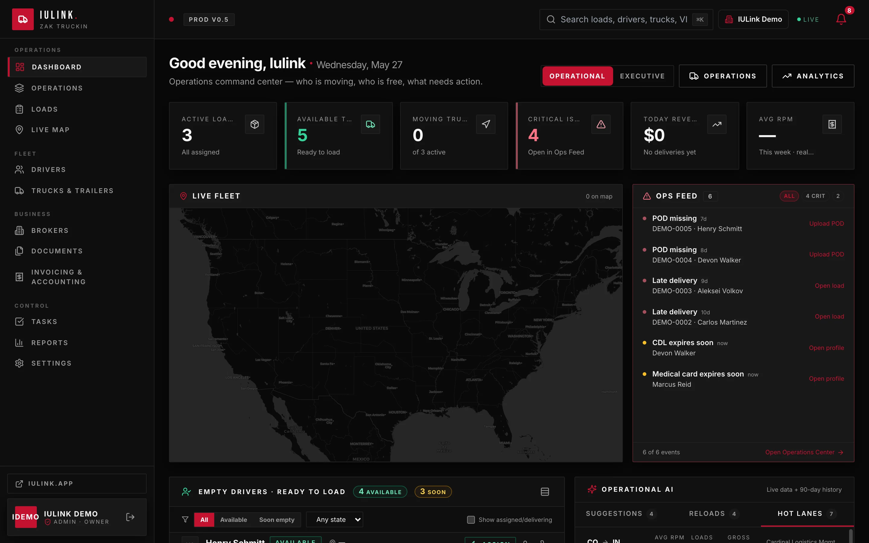 The IULink TMS dashboard our dispatchers work in — one live view of every load
