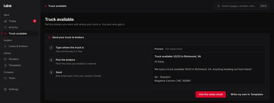 Truck available, to the right brokers (names changed)