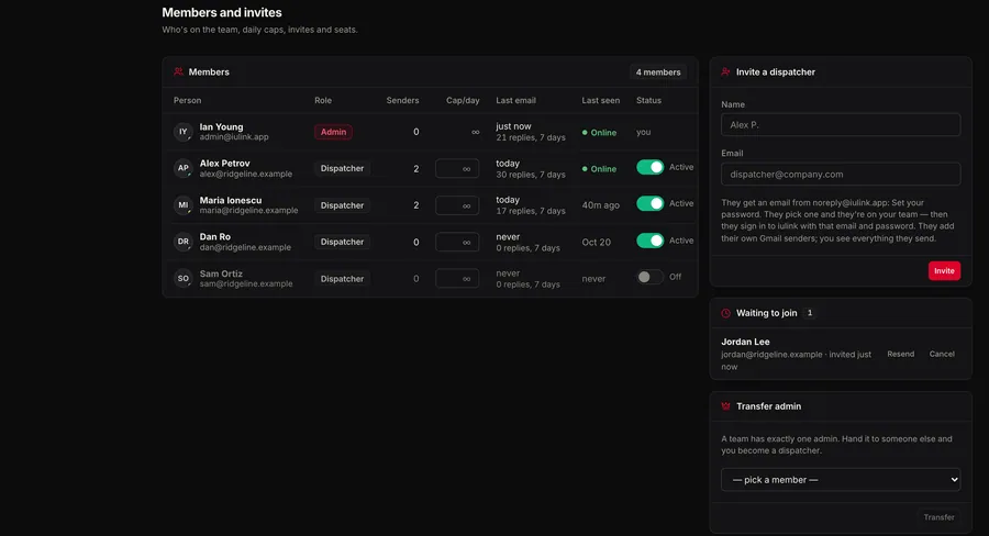 Invites, roles and seats (names changed)