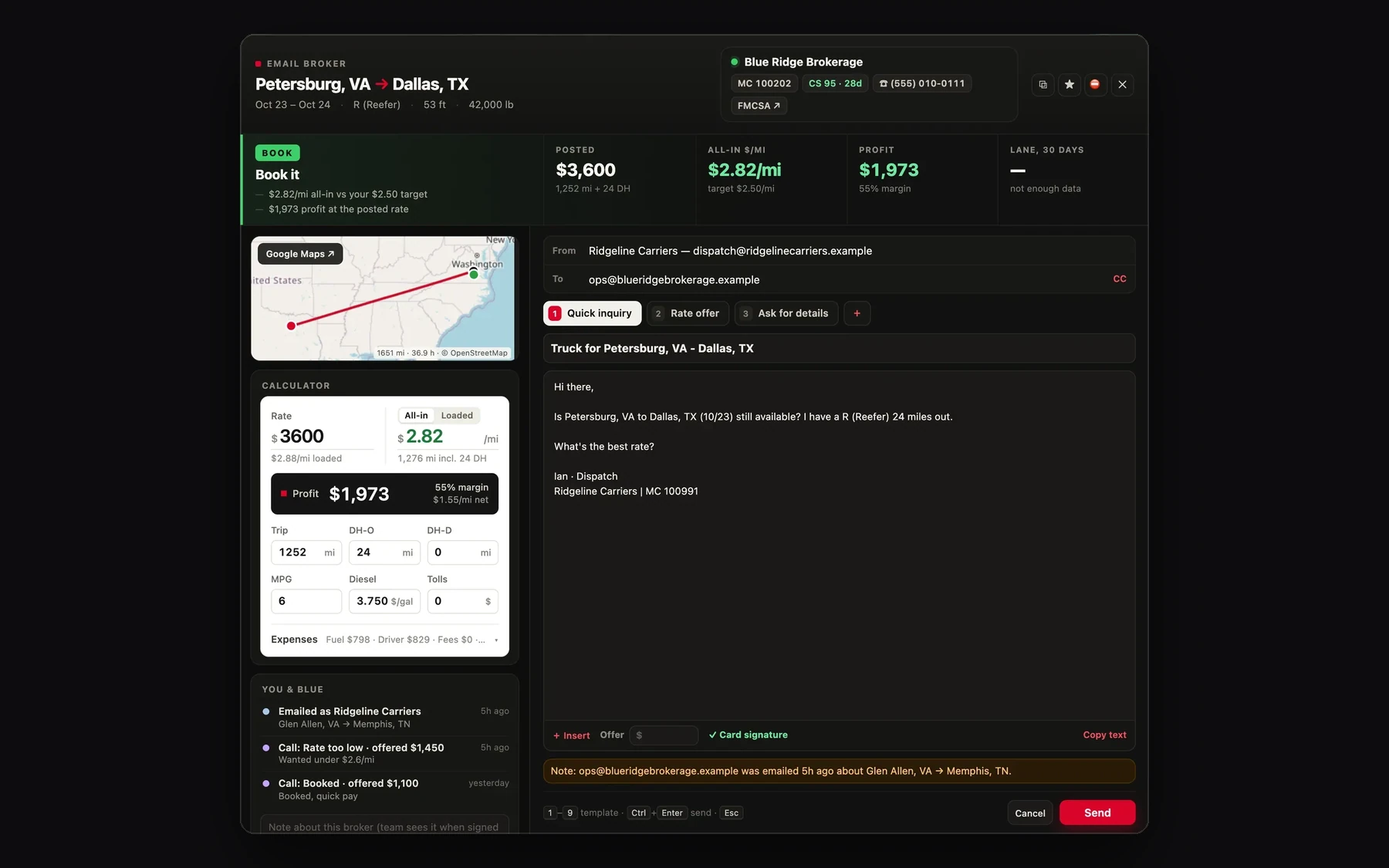 IULink email window: book-it verdict, profit calculator, route map, call history and the filled broker email (example data)