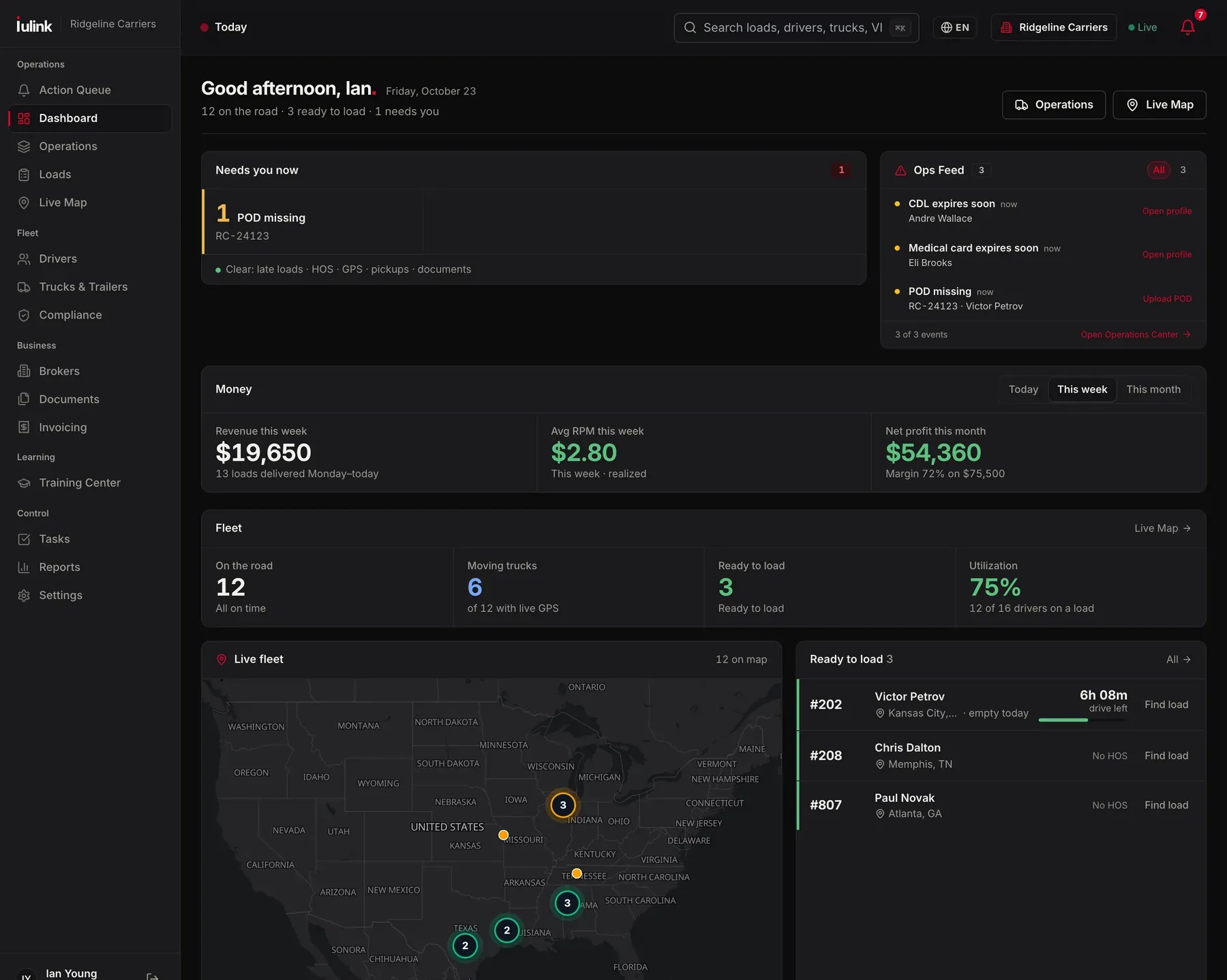 IULink TMS dashboard: what needs you now, revenue this week, trucks moving and ready to load, live fleet map (example data)